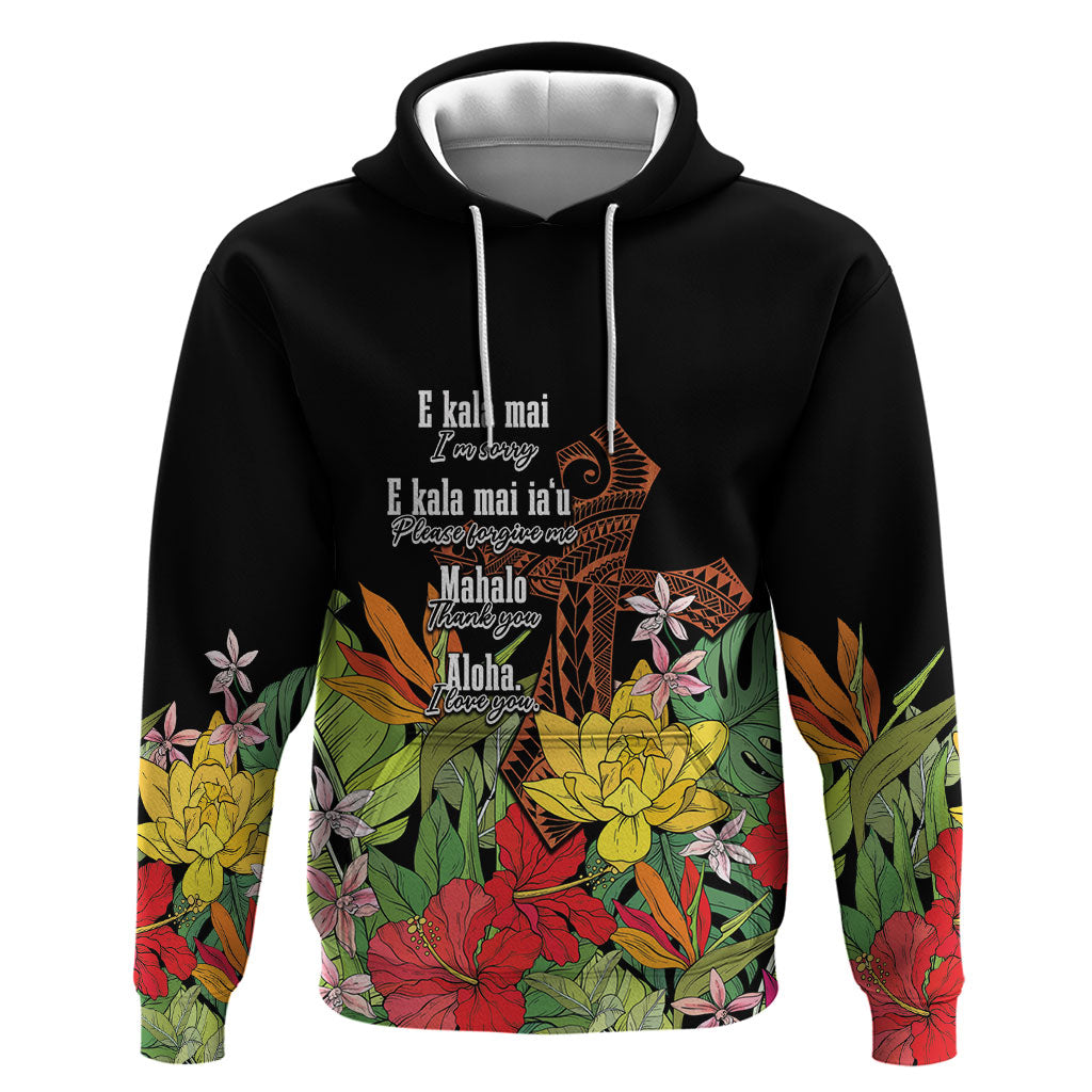 Mahalo Hawaii Ho'oponopono Pule Zip Hoodie Polynesian Pattern Cross LT7 Pullover Hoodie Black - Polynesian Pride