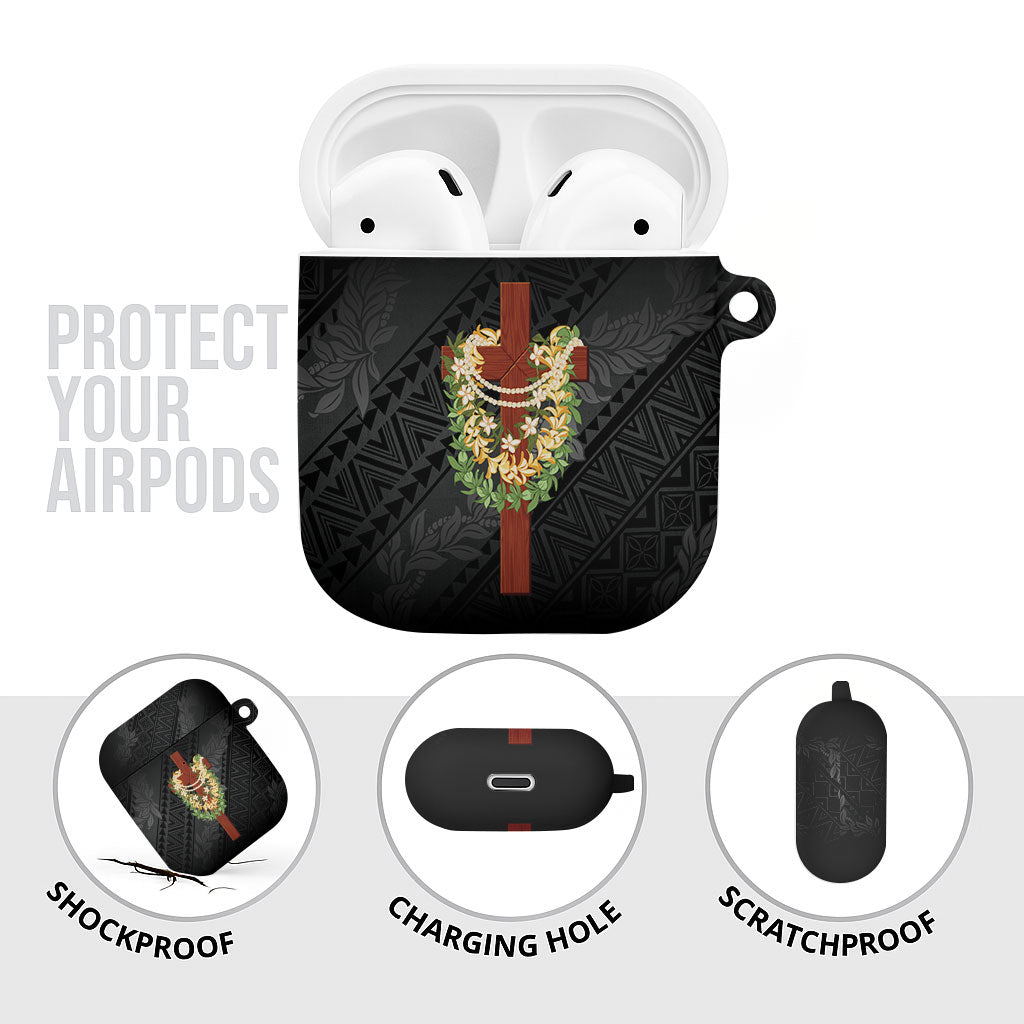 Hawaii Ka Pule a ka Haku Memorial AirPods Case Flower Lei Cross - Black LT7 - Polynesian Pride