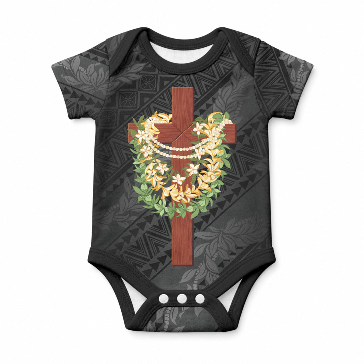 Hawaii ⁠Ka Pule a ka Haku Memorial Baby Onesie Flower Lei Cross - Black