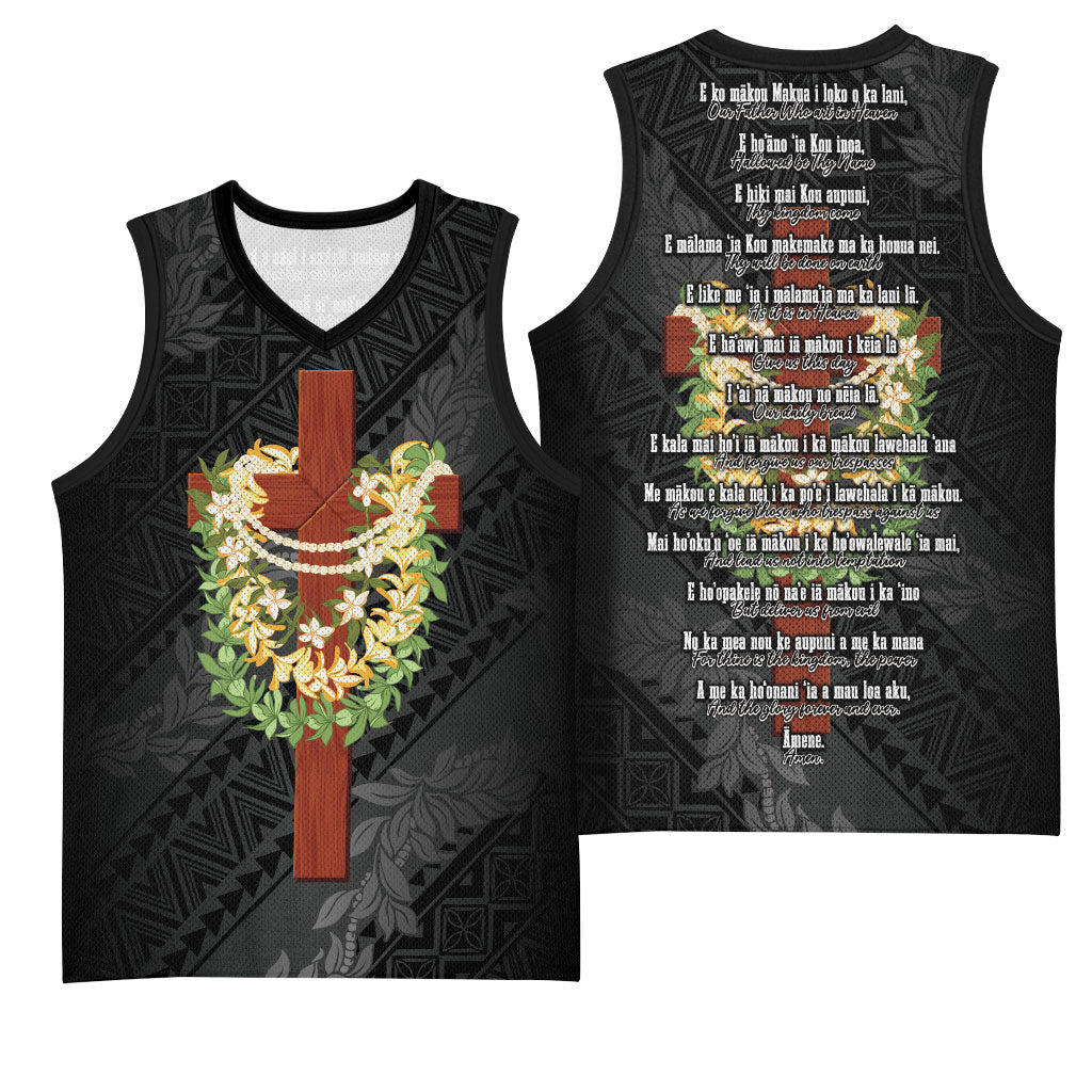 Hawaii Ka Pule a ka Haku Memorial Basketball Jersey Flower Lei Cross - Black LT7 - Polynesian Pride