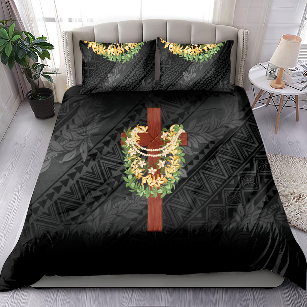 Hawaii Ka Pule a ka Haku Memorial Bedding Set Flower Lei Cross - Black LT7 - Polynesian Pride
