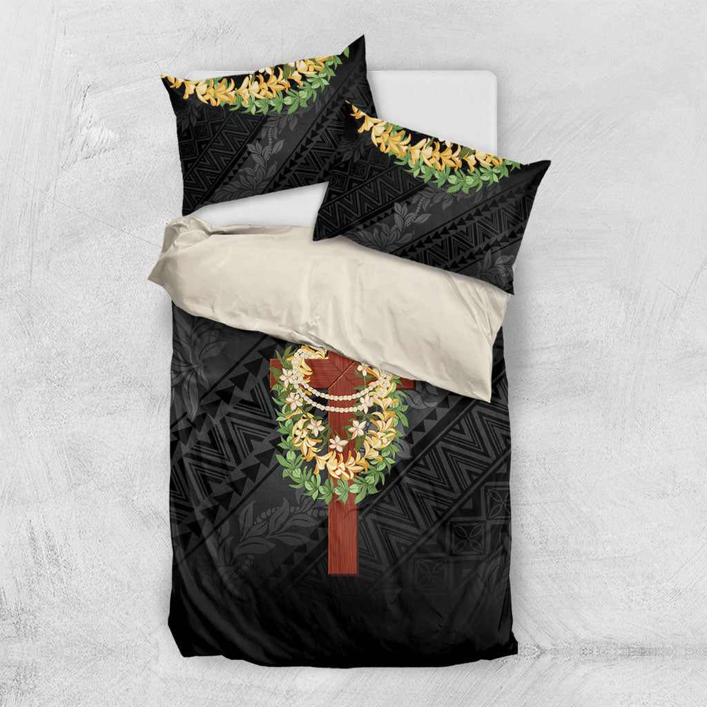 Hawaii Ka Pule a ka Haku Memorial Bedding Set Flower Lei Cross - Black LT7 US Twin 172cm x 218cm Black - Polynesian Pride
