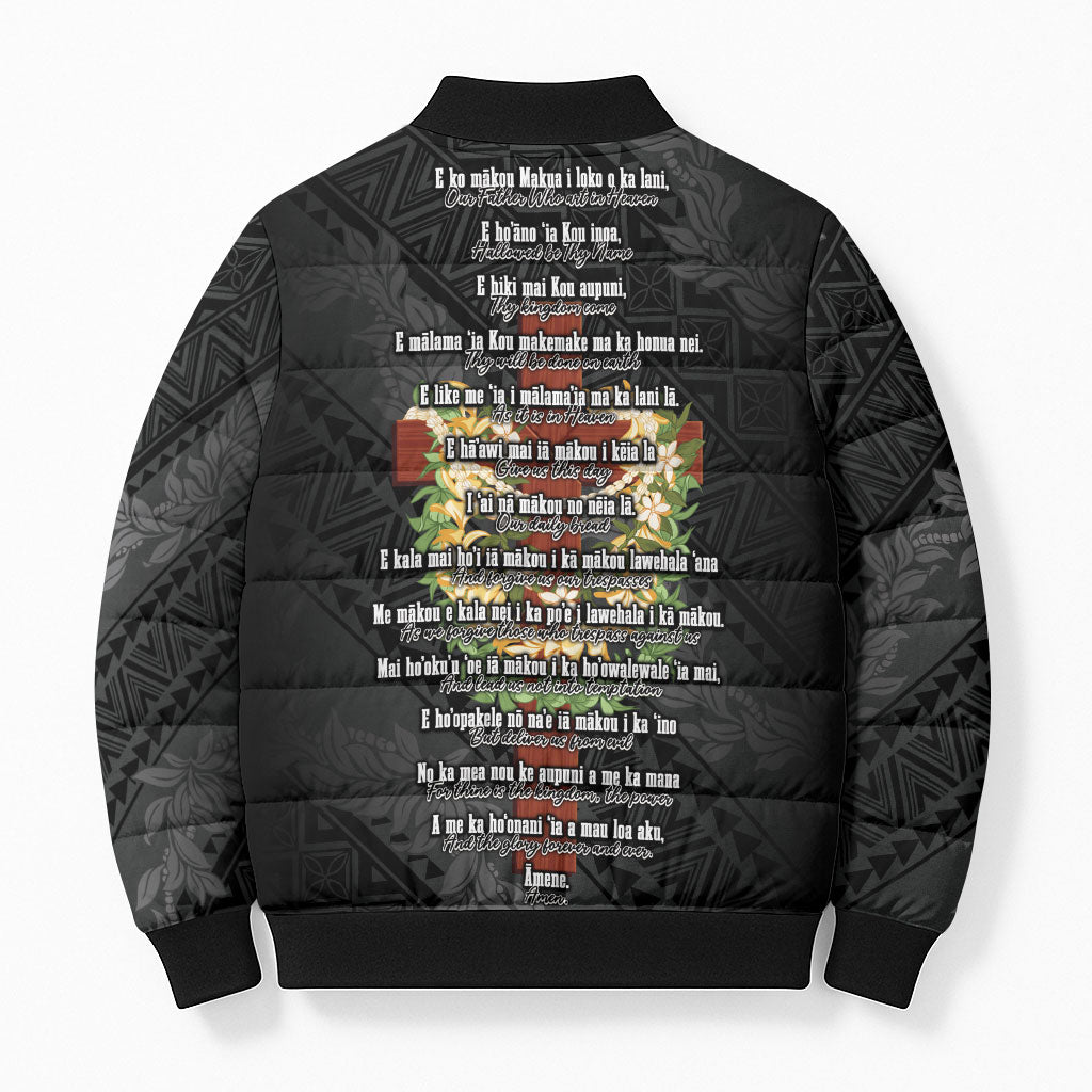 Hawaii Ka Pule a ka Haku Memorial Bomber Puffer Jacket Flower Lei Cross - Black LT7 - Polynesian Pride