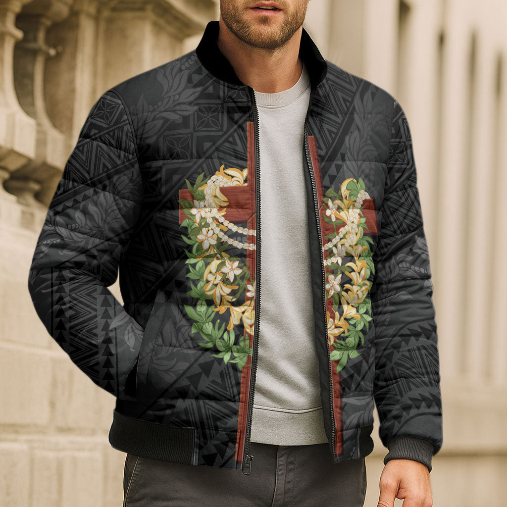 Hawaii Ka Pule a ka Haku Memorial Bomber Puffer Jacket Flower Lei Cross - Black LT7 - Polynesian Pride