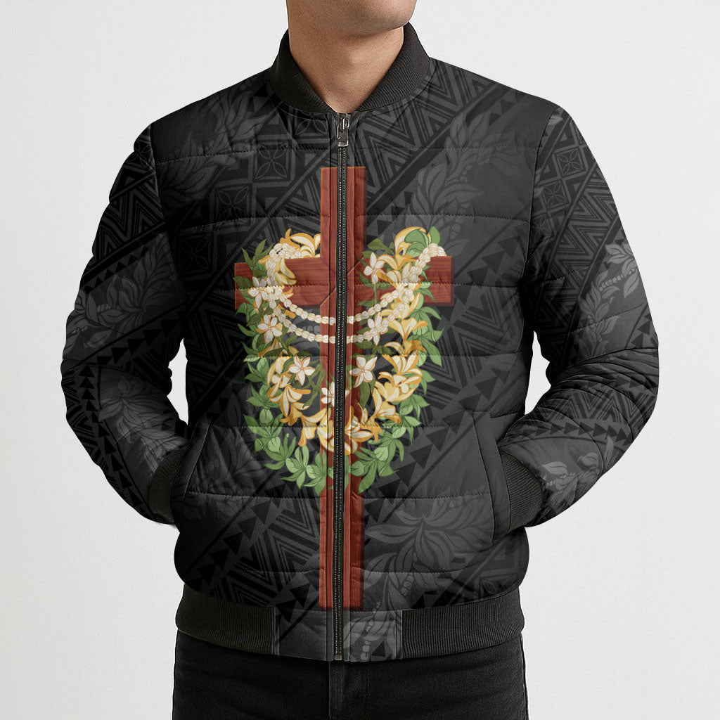 Hawaii Ka Pule a ka Haku Memorial Bomber Puffer Jacket Flower Lei Cross - Black LT7 - Polynesian Pride