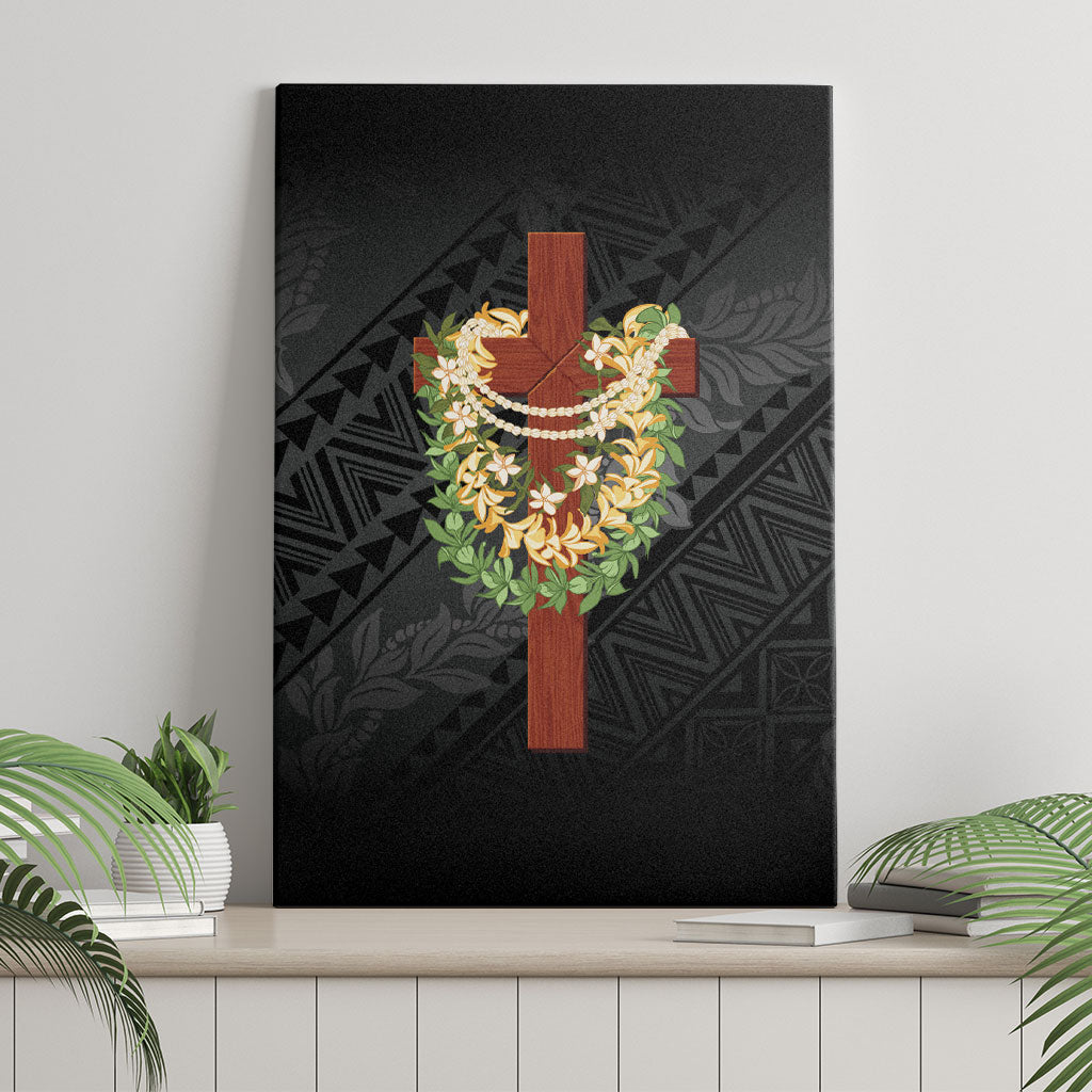 Hawaii Ka Pule a ka Haku Memorial Canvas Wall Art Flower Lei Cross - Black LT7 - Polynesian Pride