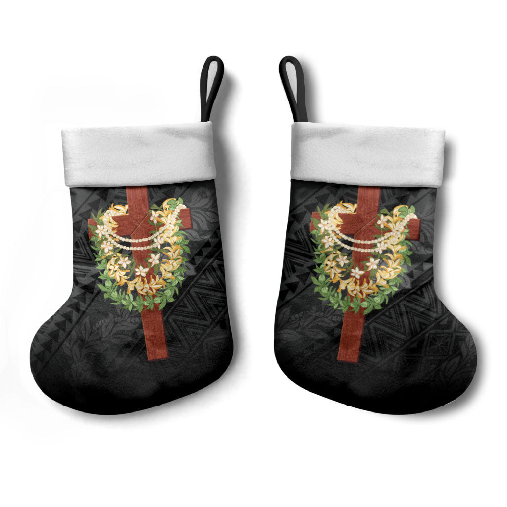Hawaii ⁠Ka Pule a ka Haku Memorial Christmas Stocking Flower Lei Cross - Black