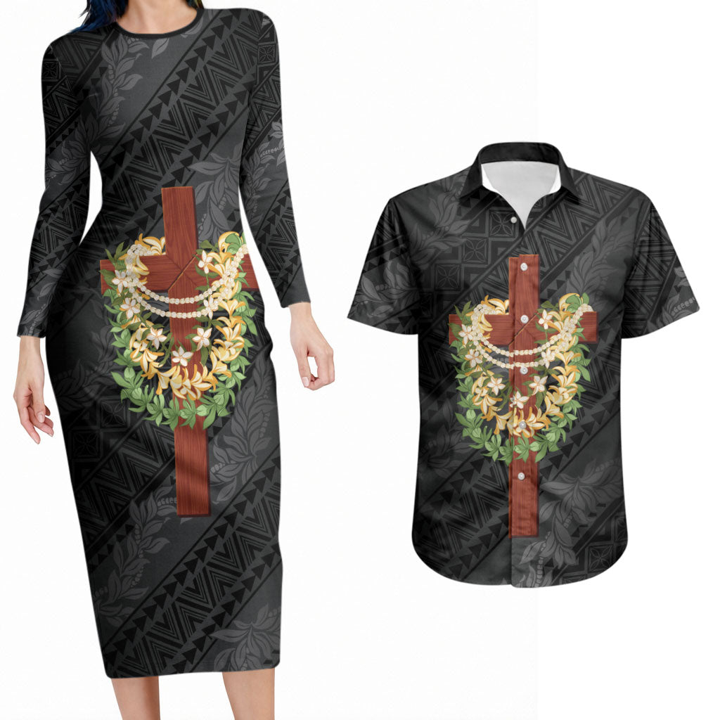 Hawaii Ka Pule a ka Haku Memorial Couples Matching Long Sleeve Bodycon Dress and Hawaiian Shirt Flower Lei Cross - Black LT7 Black - Polynesian Pride