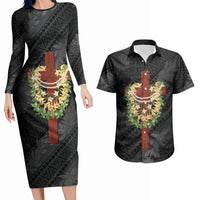 Hawaii Ka Pule a ka Haku Memorial Couples Matching Long Sleeve Bodycon Dress and Hawaiian Shirt Flower Lei Cross - Black LT7 Black - Polynesian Pride