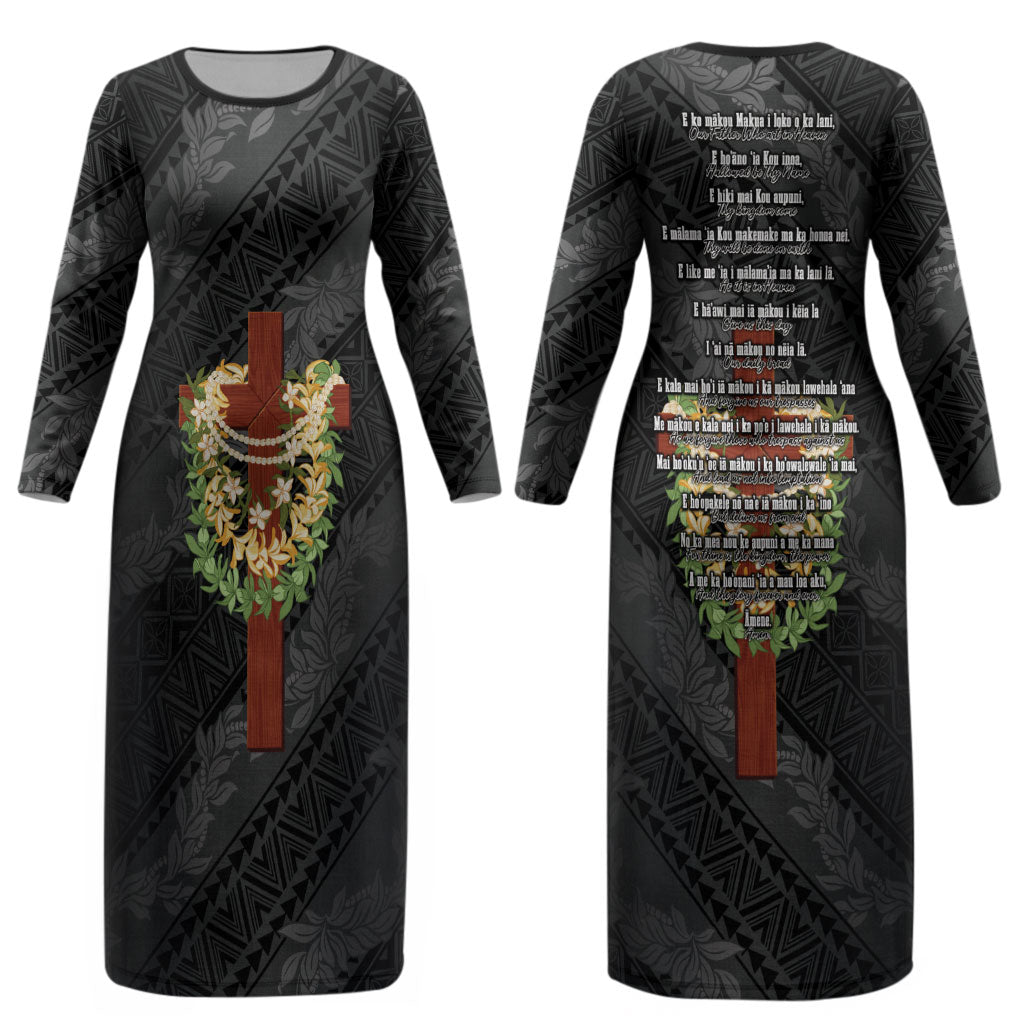 Hawaii Ka Pule a ka Haku Memorial Couples Matching Long Sleeve Bodycon Dress and Hawaiian Shirt Flower Lei Cross - Black LT7 - Polynesian Pride