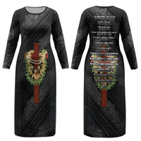 Hawaii Ka Pule a ka Haku Memorial Couples Matching Long Sleeve Bodycon Dress and Hawaiian Shirt Flower Lei Cross - Black LT7 - Polynesian Pride