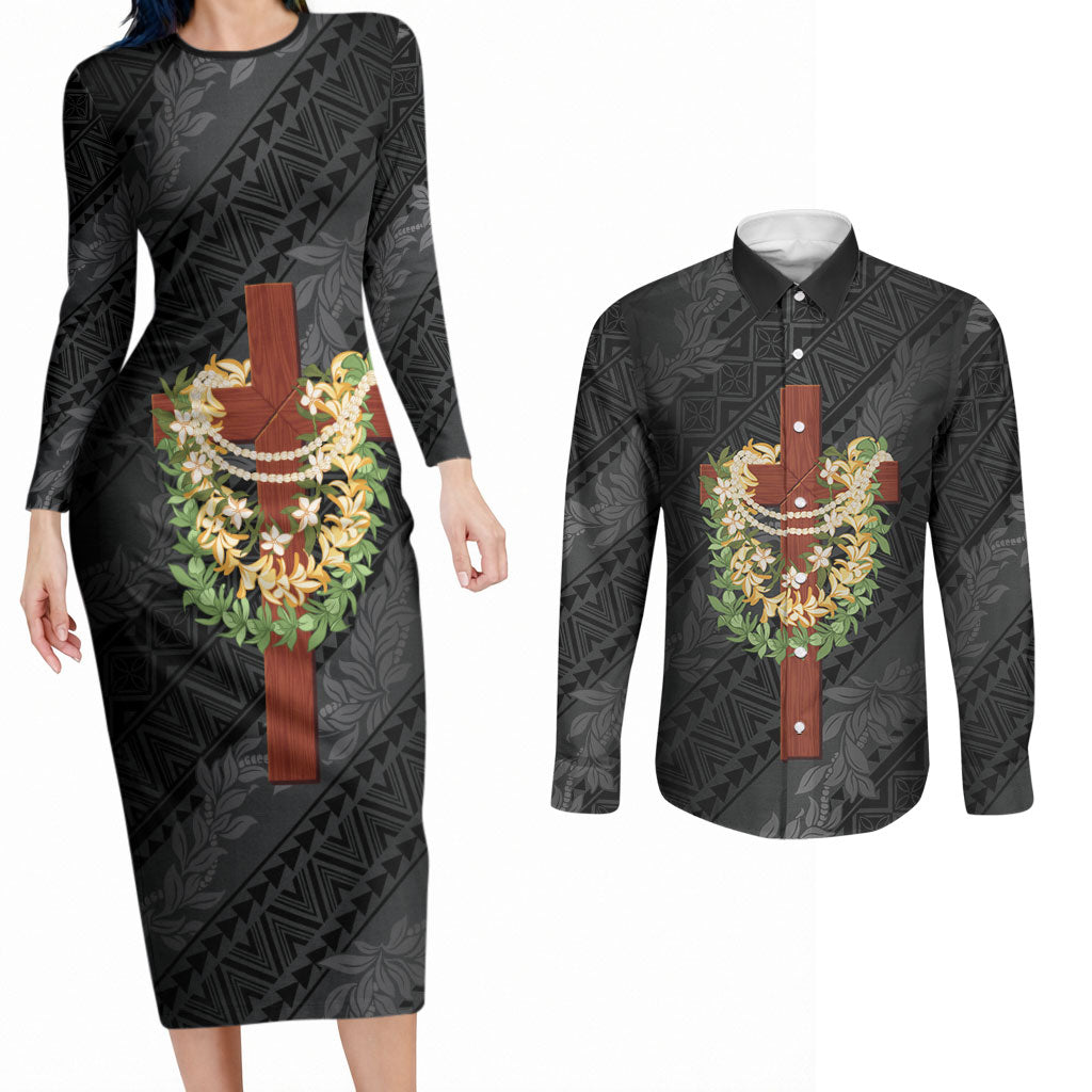 Hawaii Ka Pule a ka Haku Memorial Couples Matching Long Sleeve Bodycon Dress and Long Sleeve Button Shirt Flower Lei Cross - Black LT7 Black - Polynesian Pride