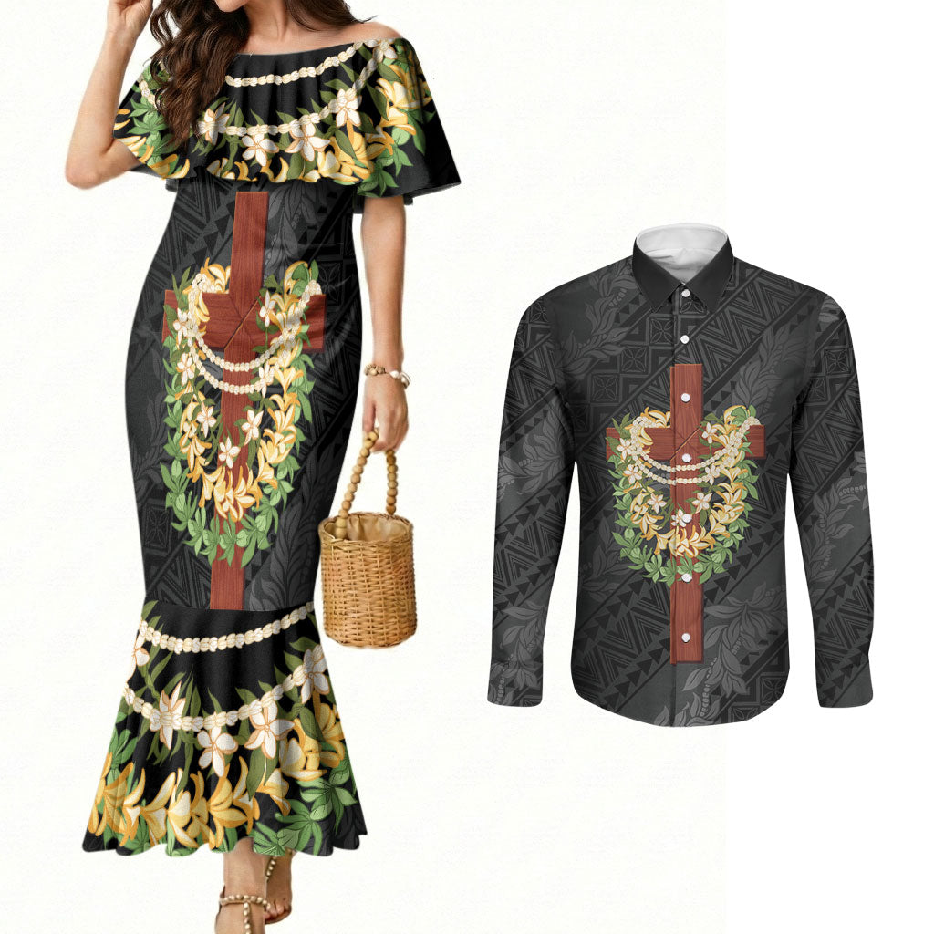 Hawaii Ka Pule a ka Haku Memorial Couples Matching Mermaid Dress and Long Sleeve Button Shirt Flower Lei Cross - Black LT7 Black - Polynesian Pride