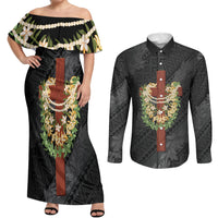 Hawaii Ka Pule a ka Haku Memorial Couples Matching Off Shoulder Maxi Dress and Long Sleeve Button Shirt Flower Lei Cross - Black LT7 Black - Polynesian Pride