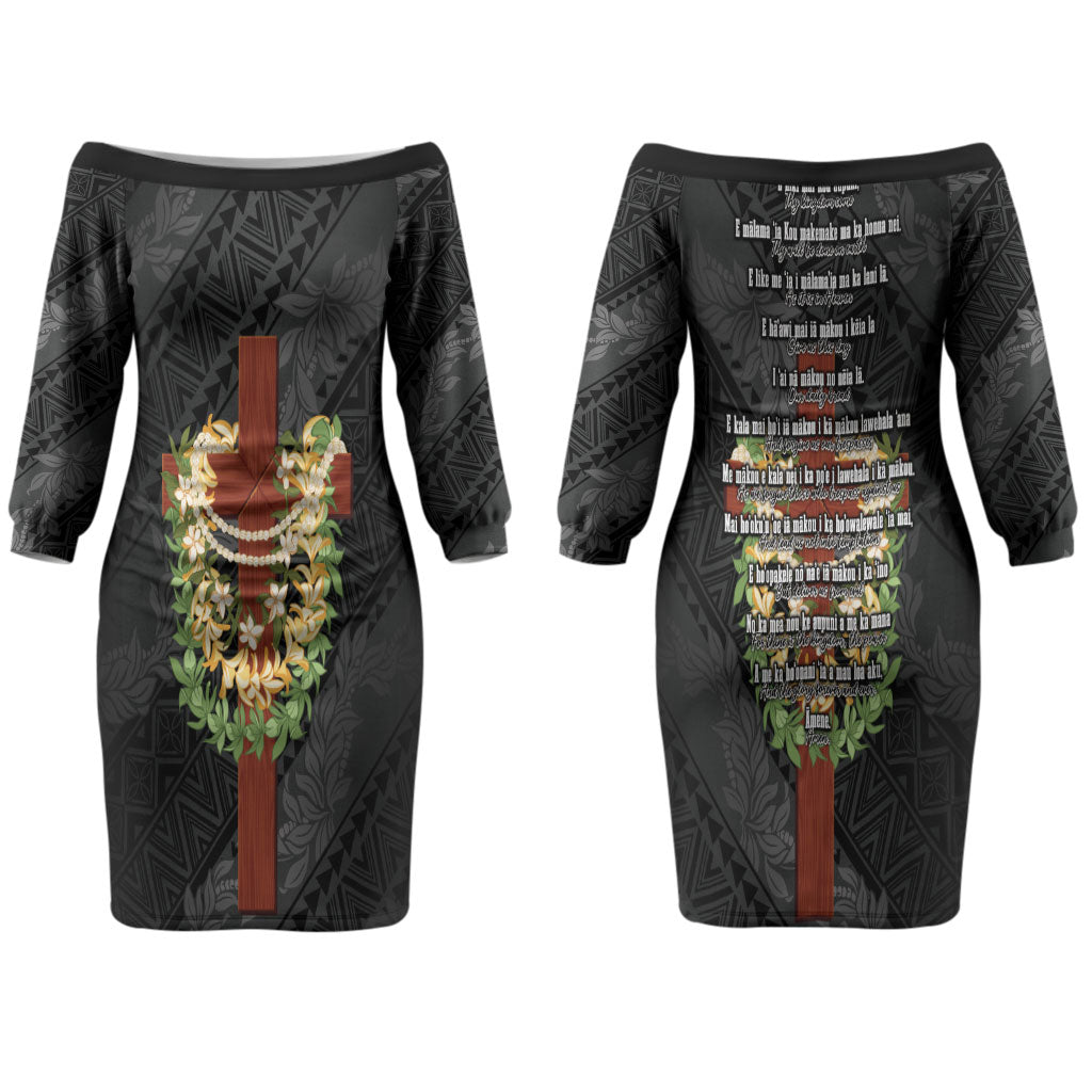 Hawaii Ka Pule a ka Haku Memorial Couples Matching Off The Shoulder Long Sleeve Dress and Long Sleeve Button Shirt Flower Lei Cross - Black LT7 - Polynesian Pride