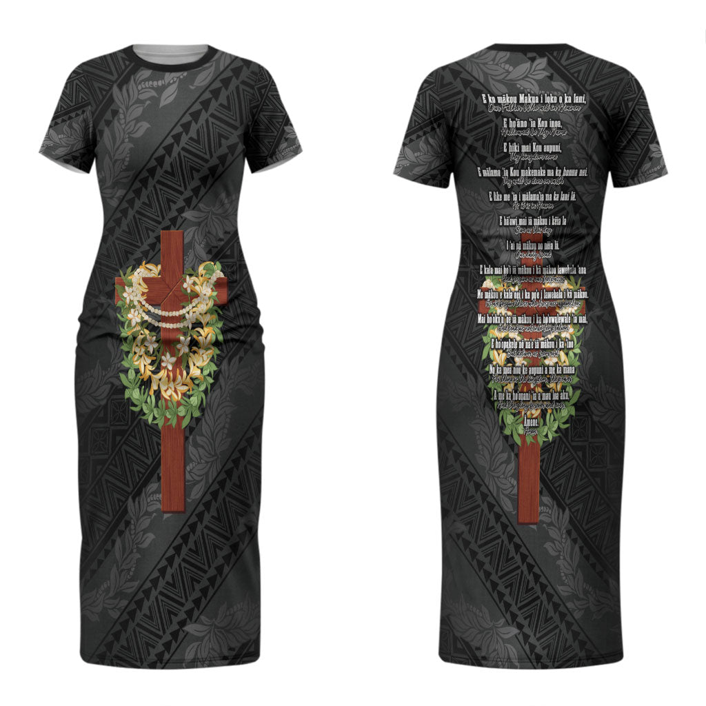 Hawaii Ka Pule a ka Haku Memorial Couples Matching Short Sleeve Bodycon Dress and Hawaiian Shirt Flower Lei Cross - Black LT7 - Polynesian Pride