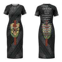 Hawaii Ka Pule a ka Haku Memorial Couples Matching Short Sleeve Bodycon Dress and Hawaiian Shirt Flower Lei Cross - Black LT7 - Polynesian Pride