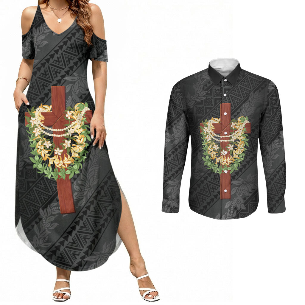 Hawaii Ka Pule a ka Haku Memorial Couples Matching Summer Maxi Dress and Long Sleeve Button Shirt Flower Lei Cross - Black LT7 Black - Polynesian Pride