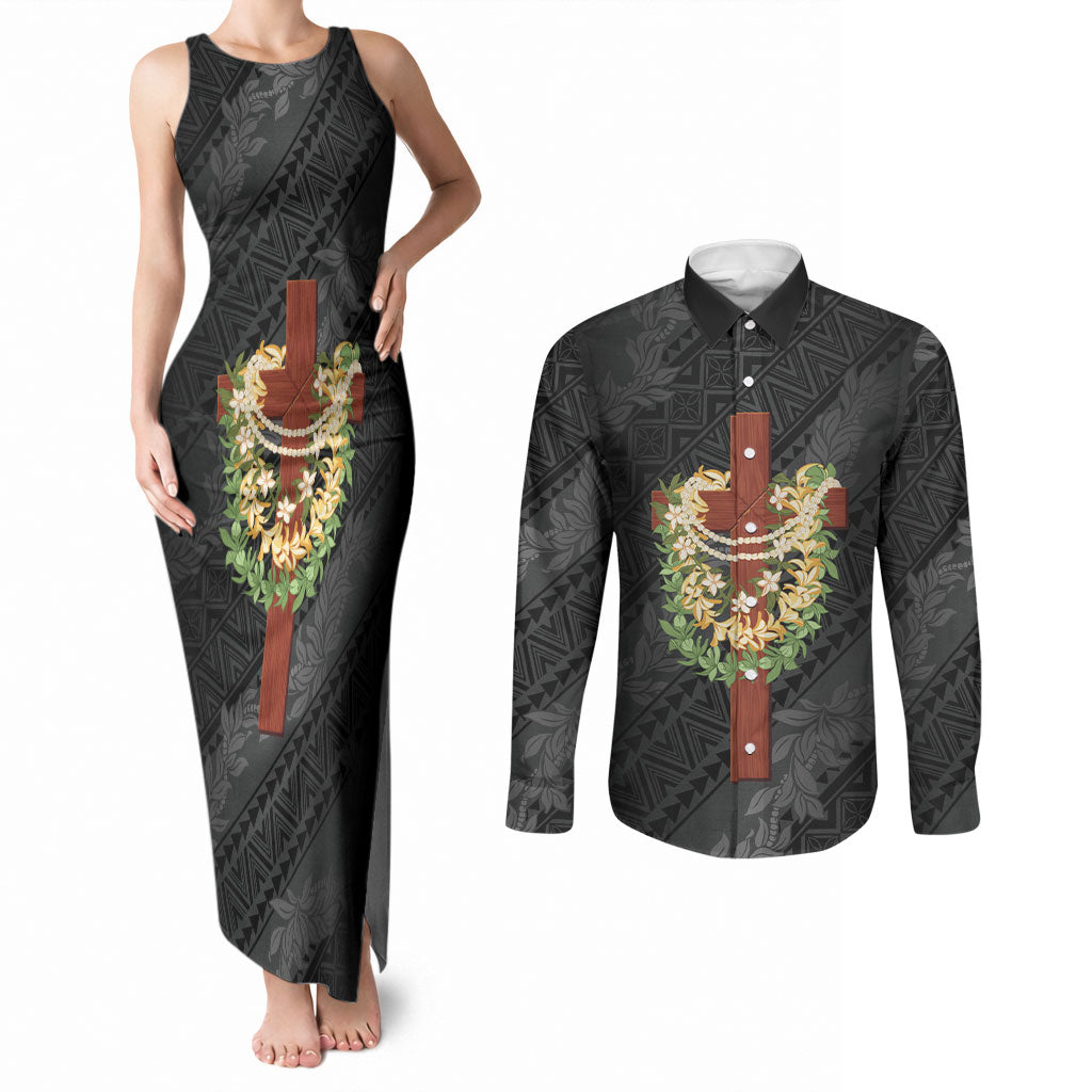 Hawaii Ka Pule a ka Haku Memorial Couples Matching Tank Maxi Dress and Long Sleeve Button Shirt Flower Lei Cross - Black LT7 Black - Polynesian Pride