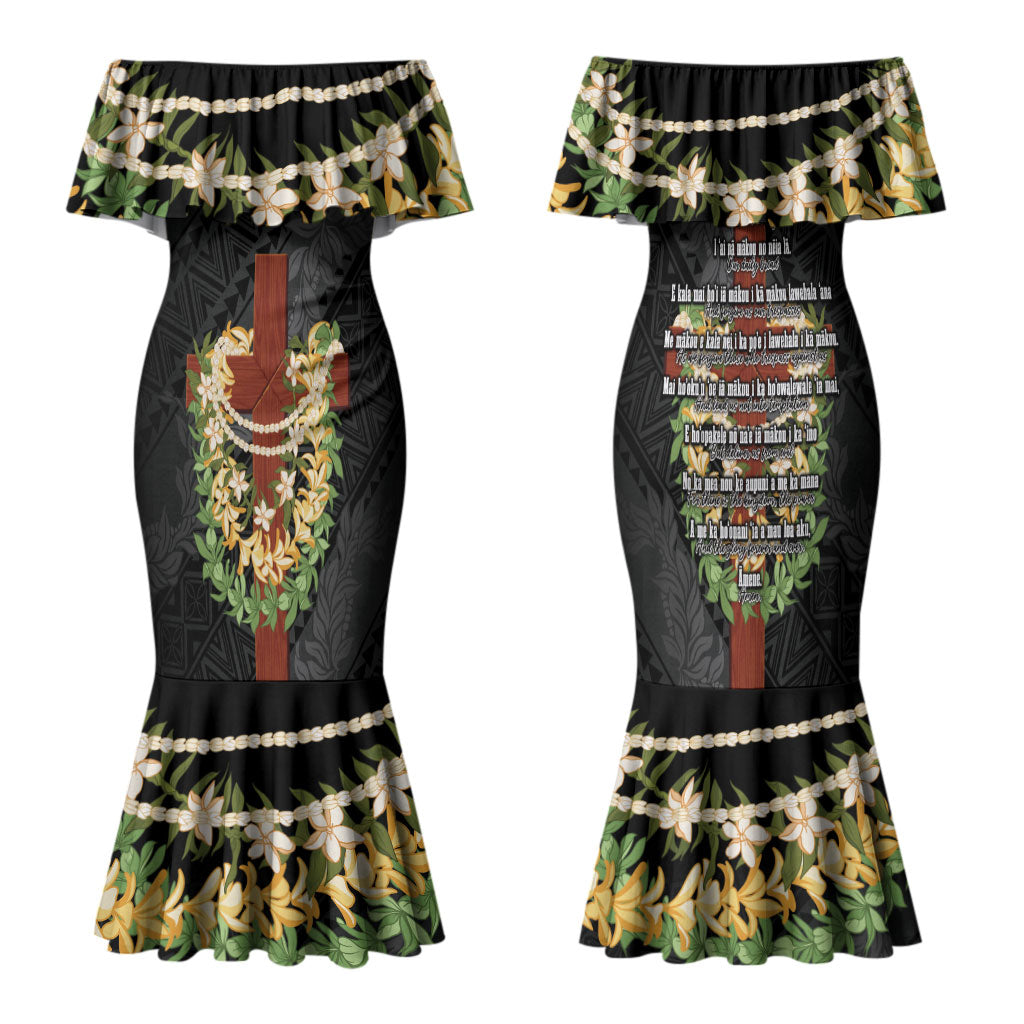 Hawaii Ka Pule a ka Haku Memorial Family Matching Mermaid Dress and Hawaiian Shirt Flower Lei Cross - Black LT7 Mom's Dress Black - Polynesian Pride
