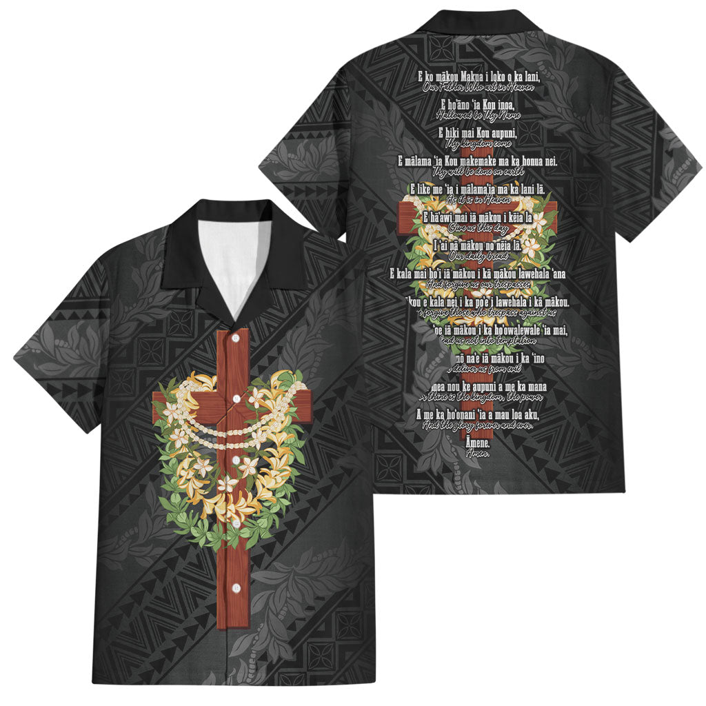 Hawaii Ka Pule a ka Haku Memorial Family Matching Mermaid Dress and Hawaiian Shirt Flower Lei Cross - Black LT7 Dad's Shirt - Short Sleeve Black - Polynesian Pride