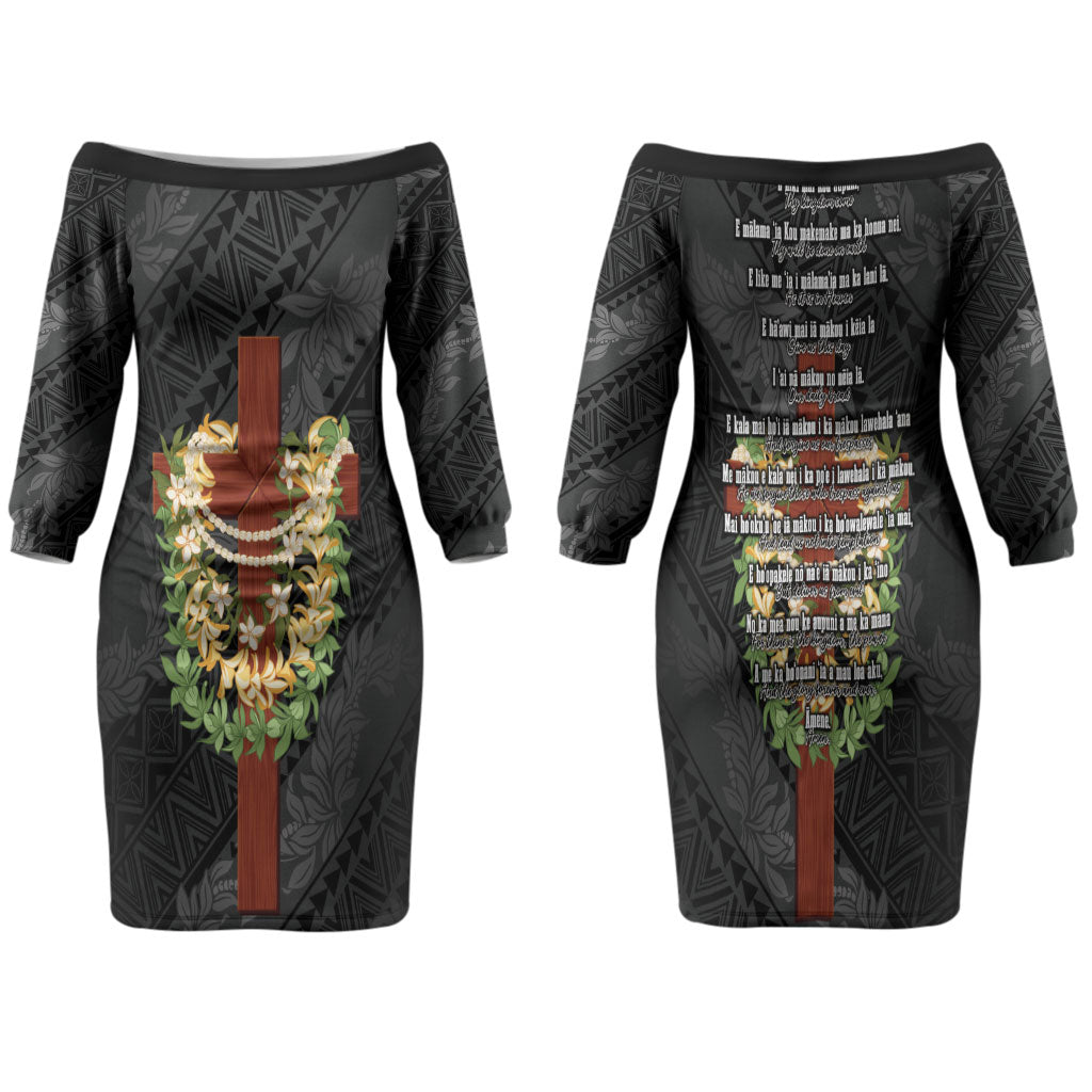 Hawaii Ka Pule a ka Haku Memorial Family Matching Off The Shoulder Long Sleeve Dress and Hawaiian Shirt Flower Lei Cross - Black LT7 Mom's Dress Black - Polynesian Pride
