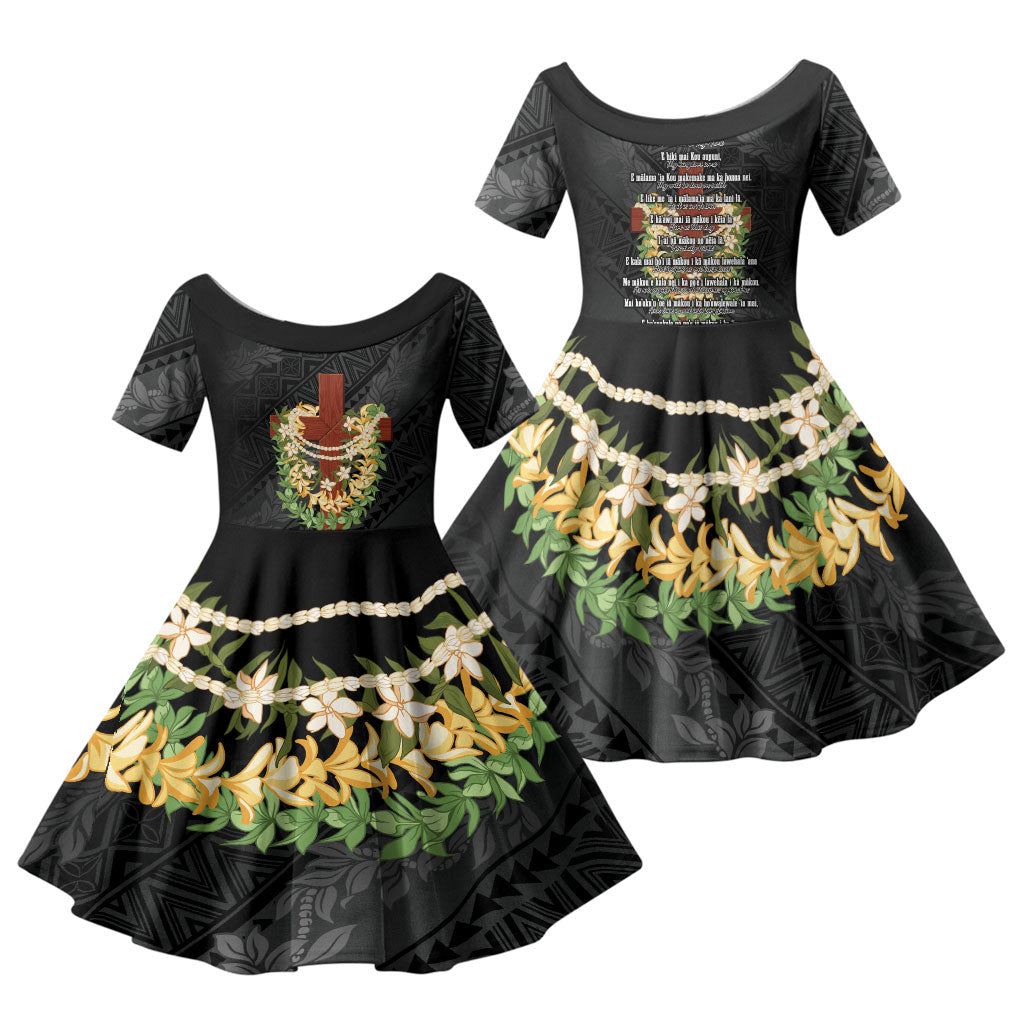 Hawaii Ka Pule a ka Haku Memorial Family Matching Off The Shoulder Long Sleeve Dress and Hawaiian Shirt Flower Lei Cross - Black LT7 Daughter's Dress Black - Polynesian Pride