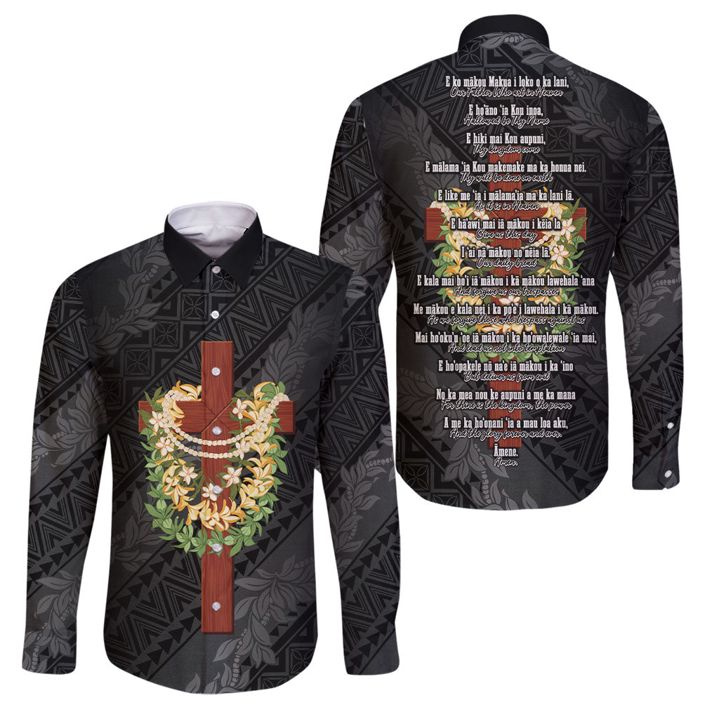 Hawaii Ka Pule a ka Haku Memorial Family Matching Off Shoulder Short Dress and Hawaiian Shirt Flower Lei Cross - Black LT7 Dad's Shirt - Long Sleeve Black - Polynesian Pride