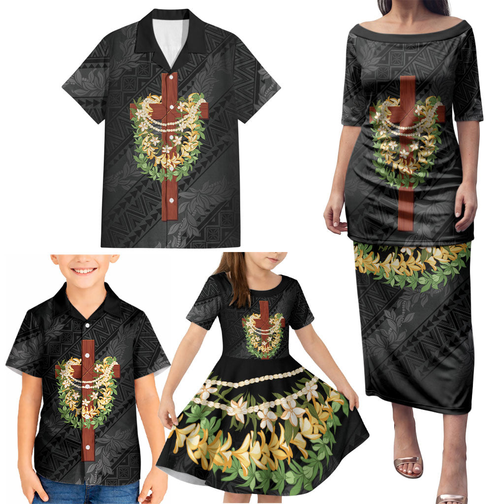 Hawaii ⁠Ka Pule a ka Haku Memorial Family Matching Puletasi and Hawaiian Shirt Flower Lei Cross - Black