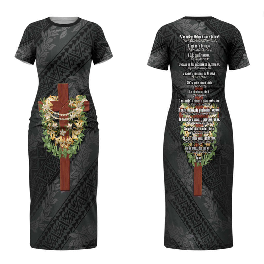 Hawaii Ka Pule a ka Haku Memorial Family Matching Short Sleeve Bodycon Dress and Hawaiian Shirt Flower Lei Cross - Black LT7 Mom's Dress Black - Polynesian Pride