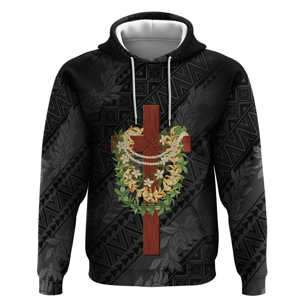 Hawaii Ka Pule a ka Haku Memorial Hoodie Flower Lei Cross - Black LT7 Pullover Hoodie Black - Polynesian Pride