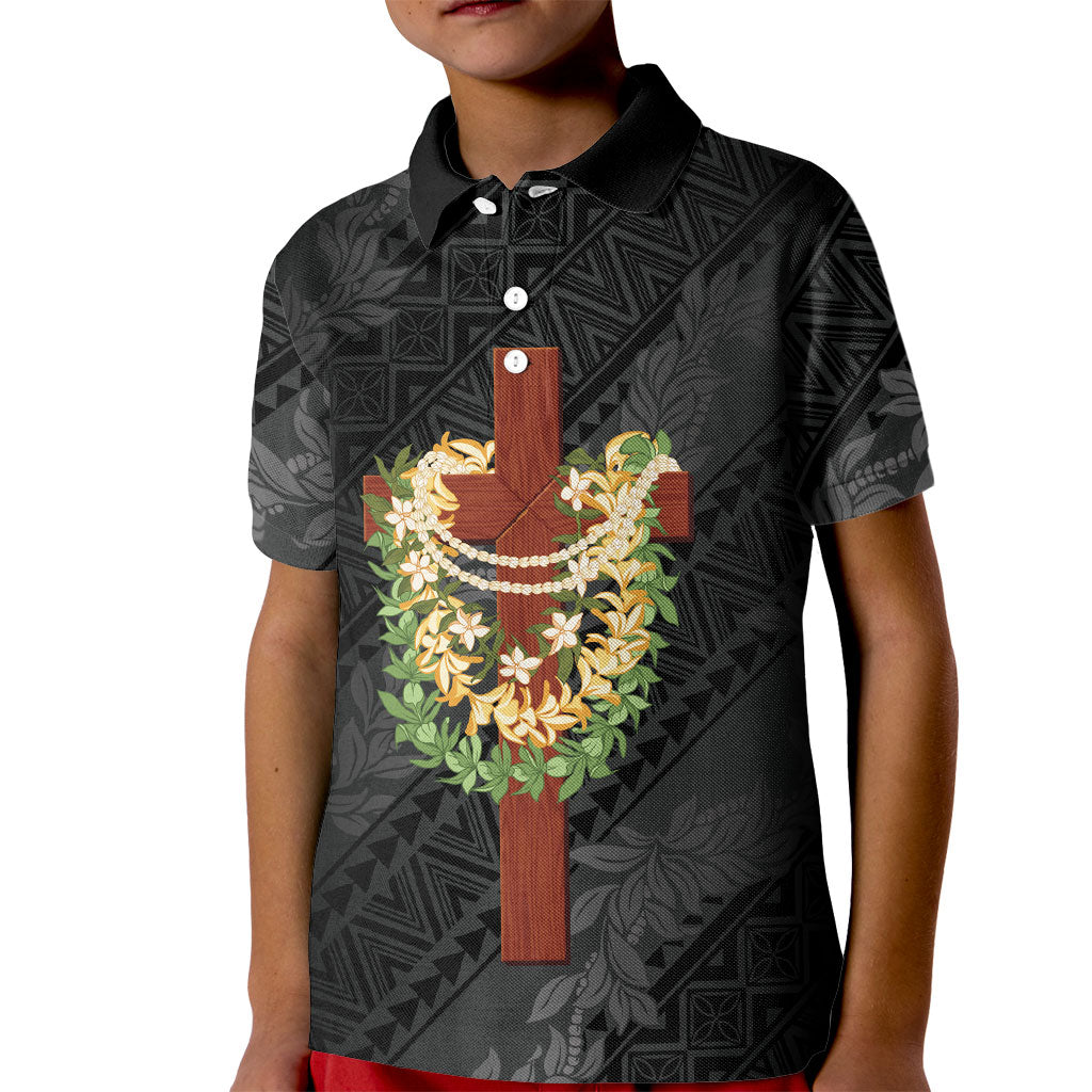 Hawaii Ka Pule a ka Haku Memorial Kid Polo Shirt Flower Lei Cross - Black LT7 Kid Black - Polynesian Pride