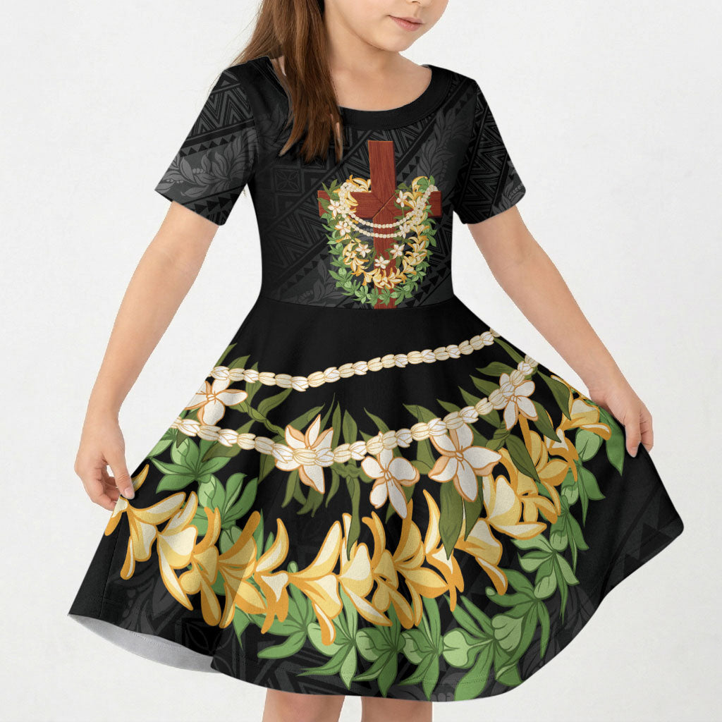 Hawaii Ka Pule a ka Haku Memorial Kid Short Sleeve Dress Flower Lei Cross - Black LT7 KID Black - Polynesian Pride