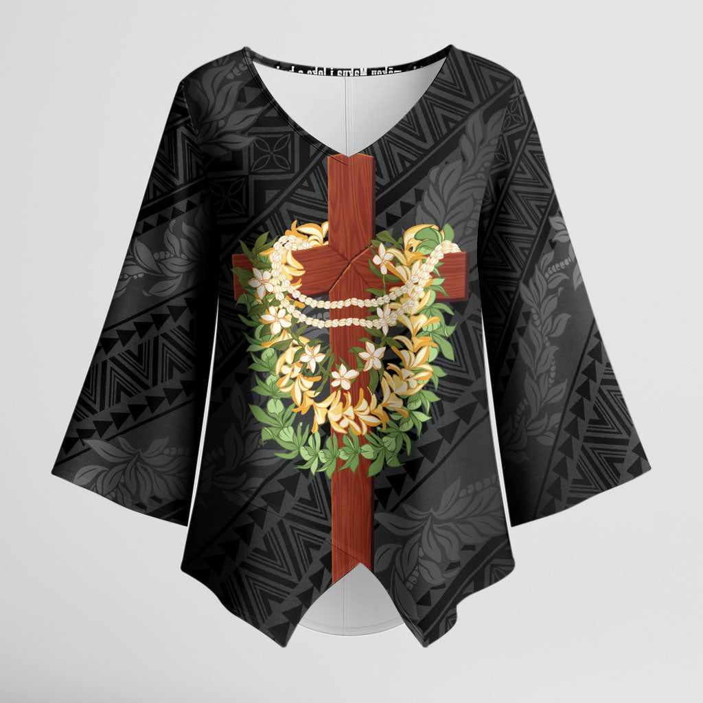 Hawaii Ka Pule a ka Haku Memorial Kimono Sleeve Blouse Flower Lei Cross - Black LT7 Female Black - Polynesian Pride