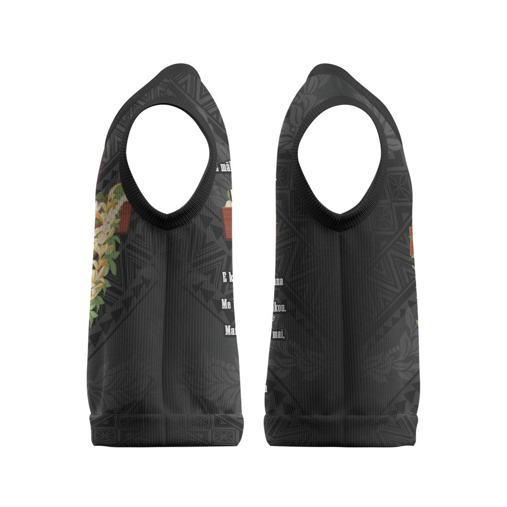 Hawaii ⁠Ka Pule a ka Haku Memorial Christmas Knitted V-Neck Vest Flower Lei Cross - Black