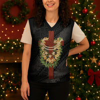 Hawaii ⁠Ka Pule a ka Haku Memorial Christmas Knitted V-Neck Vest Flower Lei Cross - Black