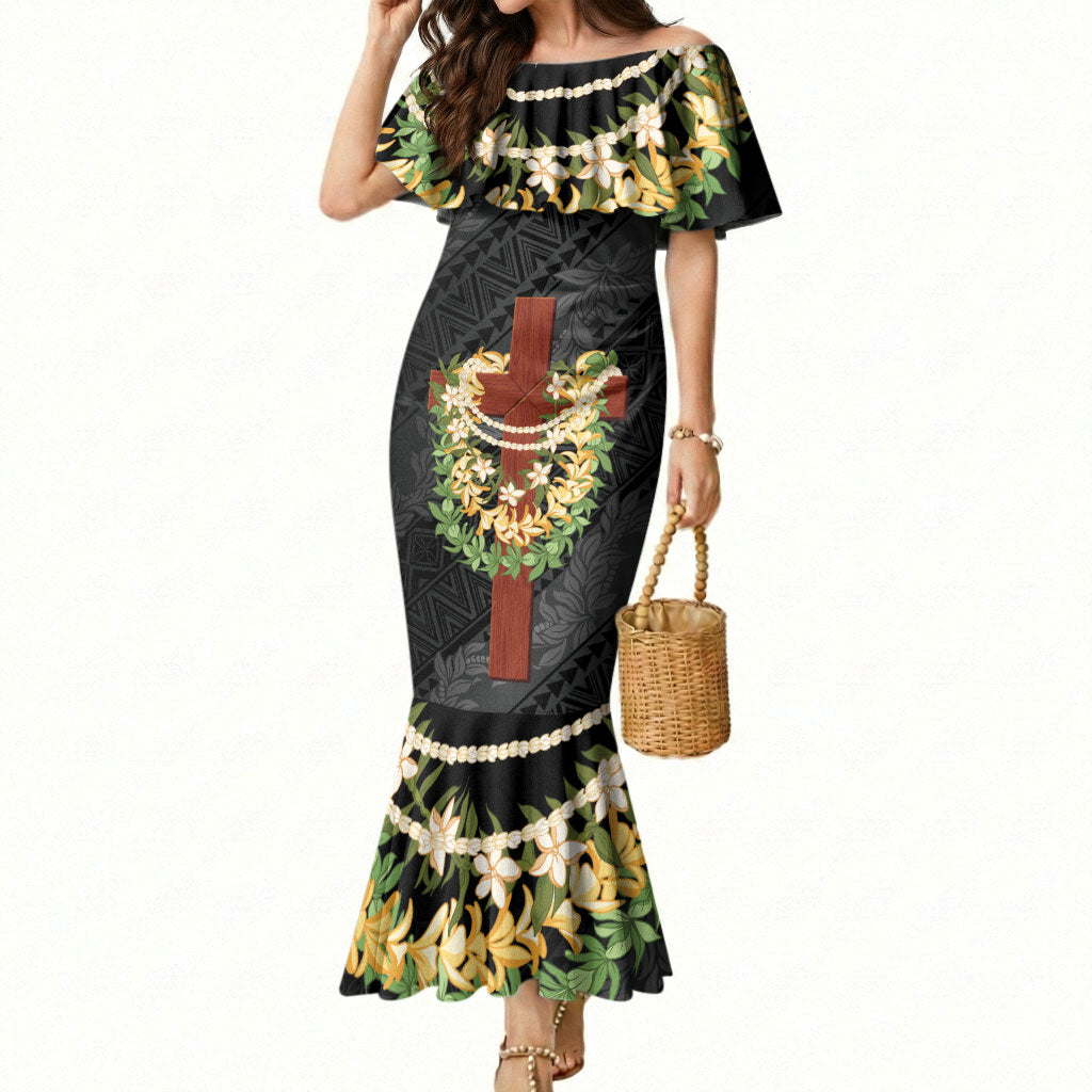Hawaii Ka Pule a ka Haku Memorial Mermaid Dress Flower Lei Cross - Black LT7 Women Black - Polynesian Pride