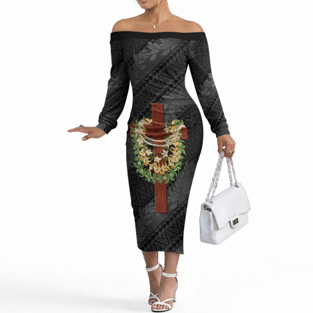 Hawaii Ka Pule a ka Haku Memorial Off The Shoulder Long Sleeve Dress Flower Lei Cross - Black LT7 Women Black - Polynesian Pride
