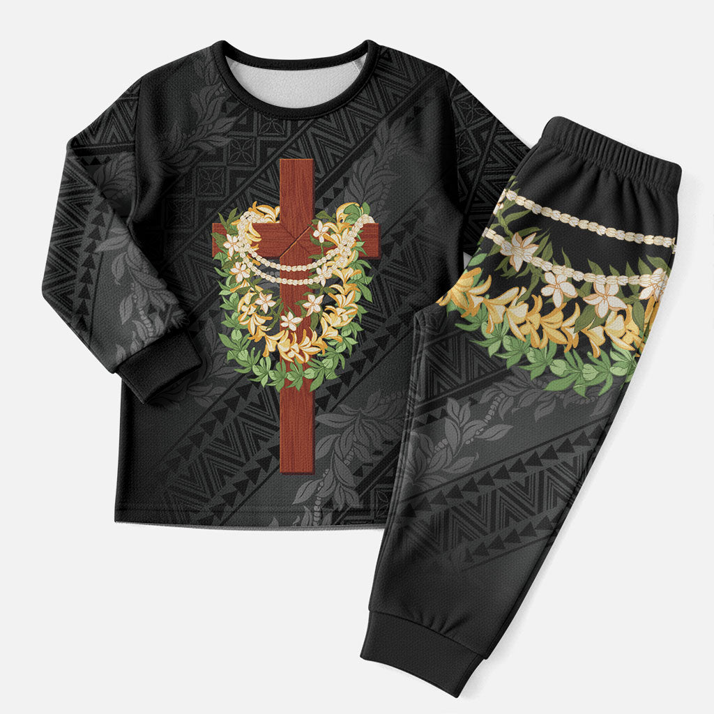 Hawaii ⁠Ka Pule a ka Haku Memorial Christmas Pajama Set Flower Lei Cross - Black