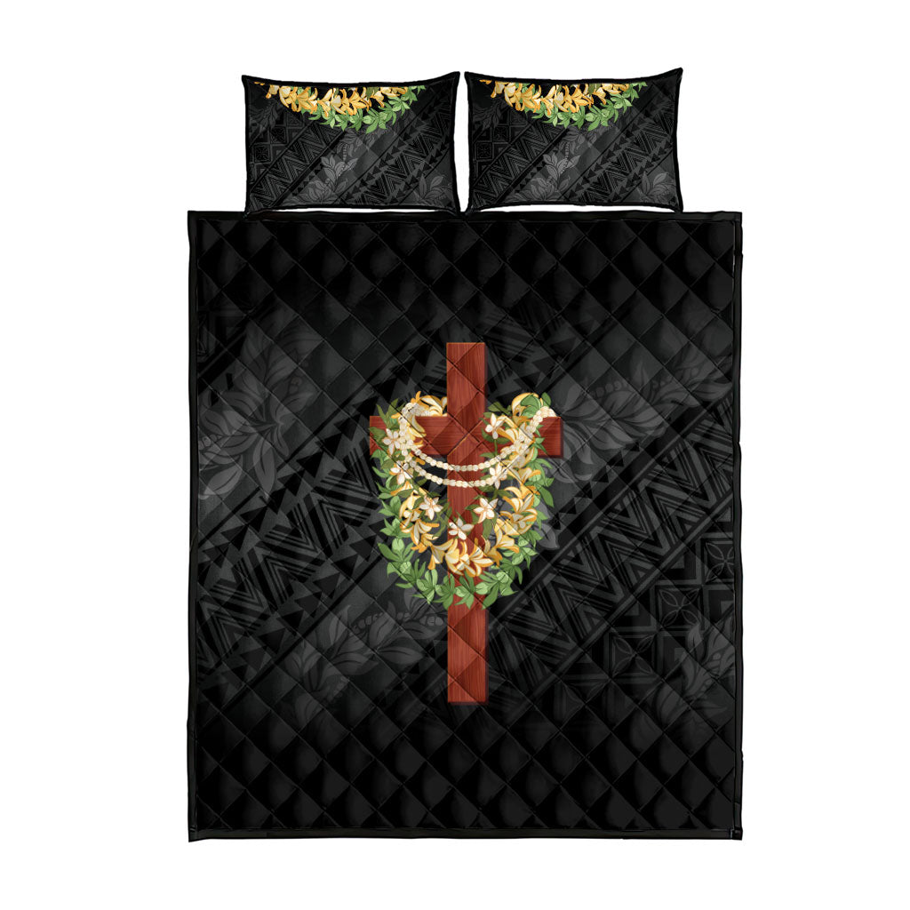 Hawaii Ka Pule a ka Haku Memorial Quilt Bed Set Flower Lei Cross - Black LT7 - Polynesian Pride