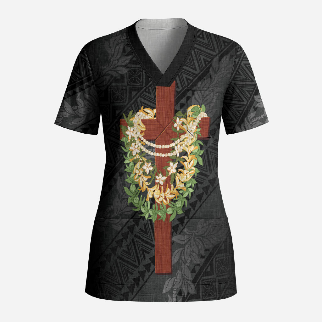 Hawaii Ka Pule a ka Haku Memorial Scrub Top Flower Lei Cross - Black LT7 Adult Black - Polynesian Pride