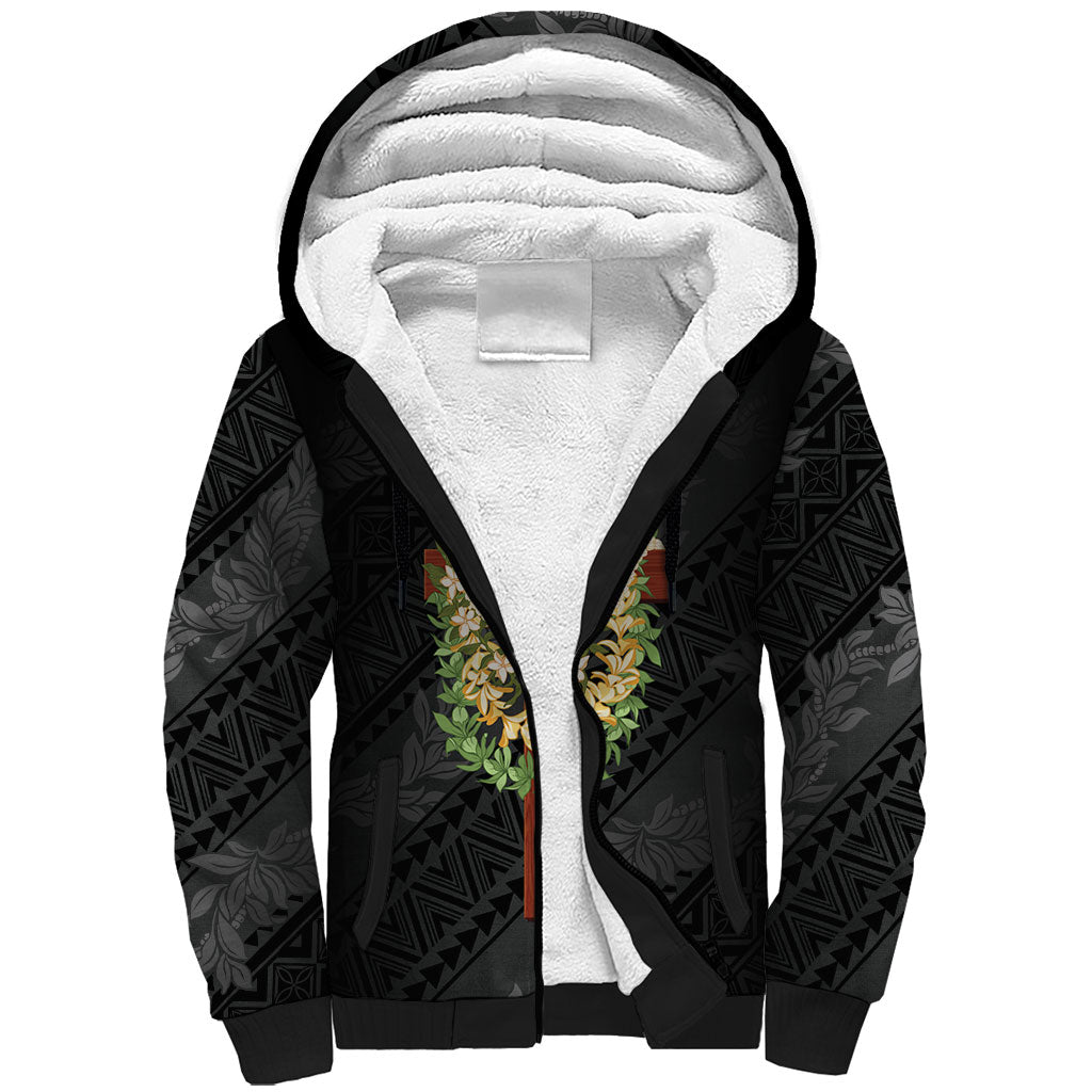 Hawaii Ka Pule a ka Haku Memorial Sherpa Hoodie Flower Lei Cross - Black LT7 Unisex Black - Polynesian Pride
