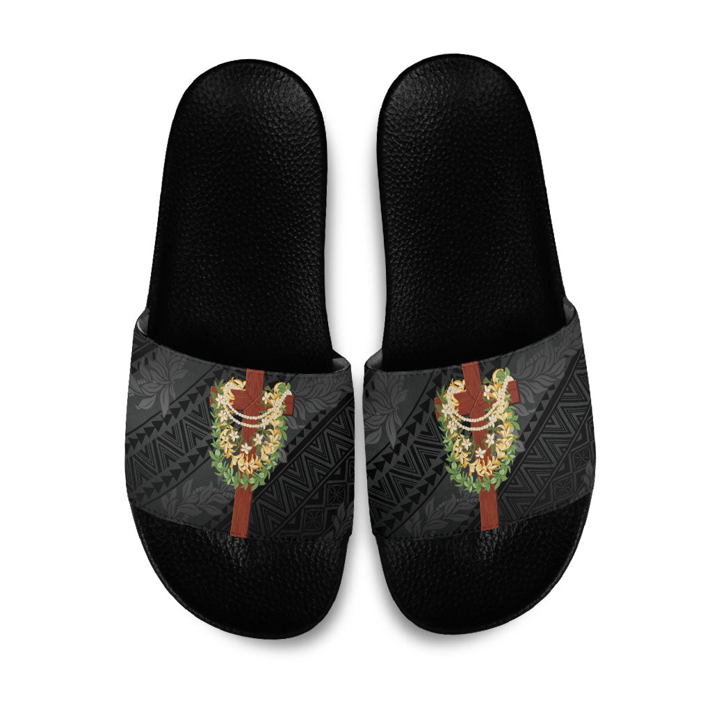 Hawaii Ka Pule a ka Haku Memorial Slide Sandals Flower Lei Cross - Black LT7 Black - Polynesian Pride