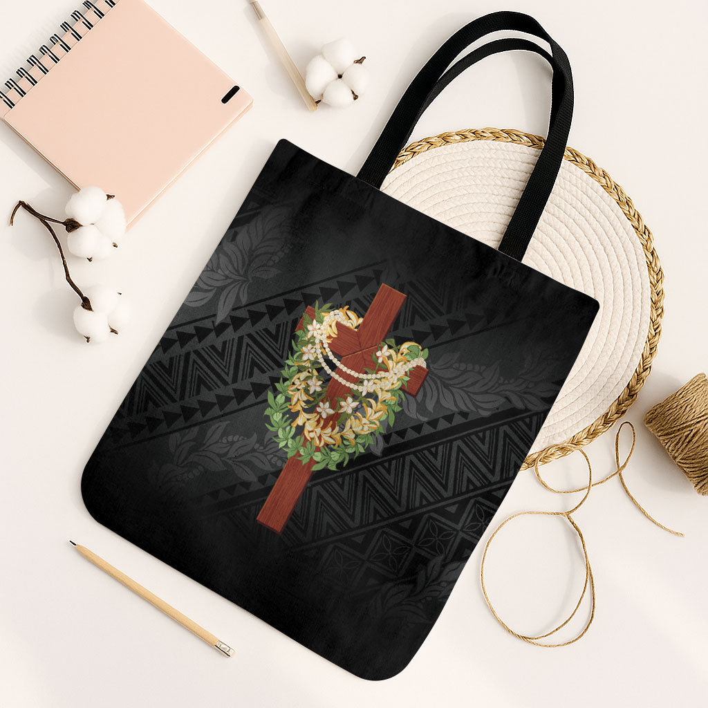 Hawaii Ka Pule a ka Haku Memorial Tote Bag Flower Lei Cross - Black LT7 Black Strap One Size Black - Polynesian Pride