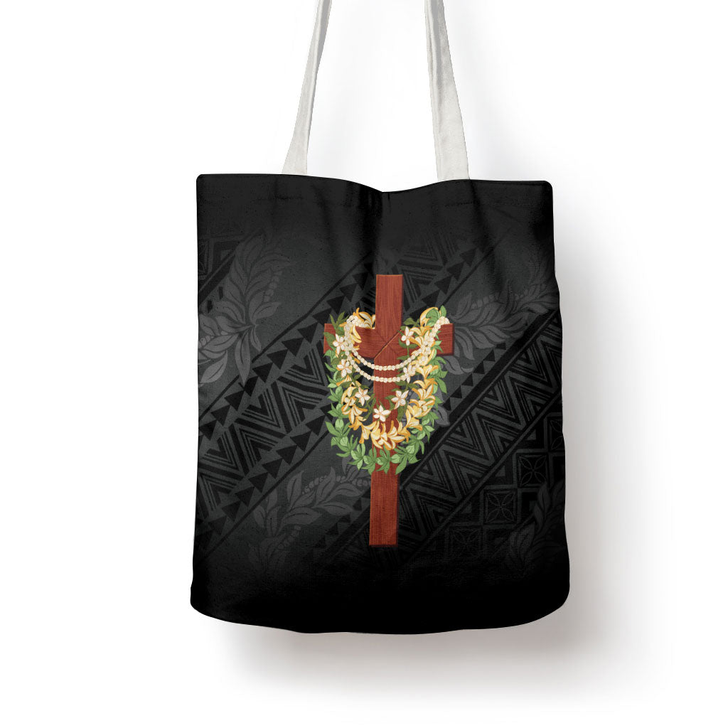 Hawaii Ka Pule a ka Haku Memorial Tote Bag Flower Lei Cross - Black LT7 - Polynesian Pride