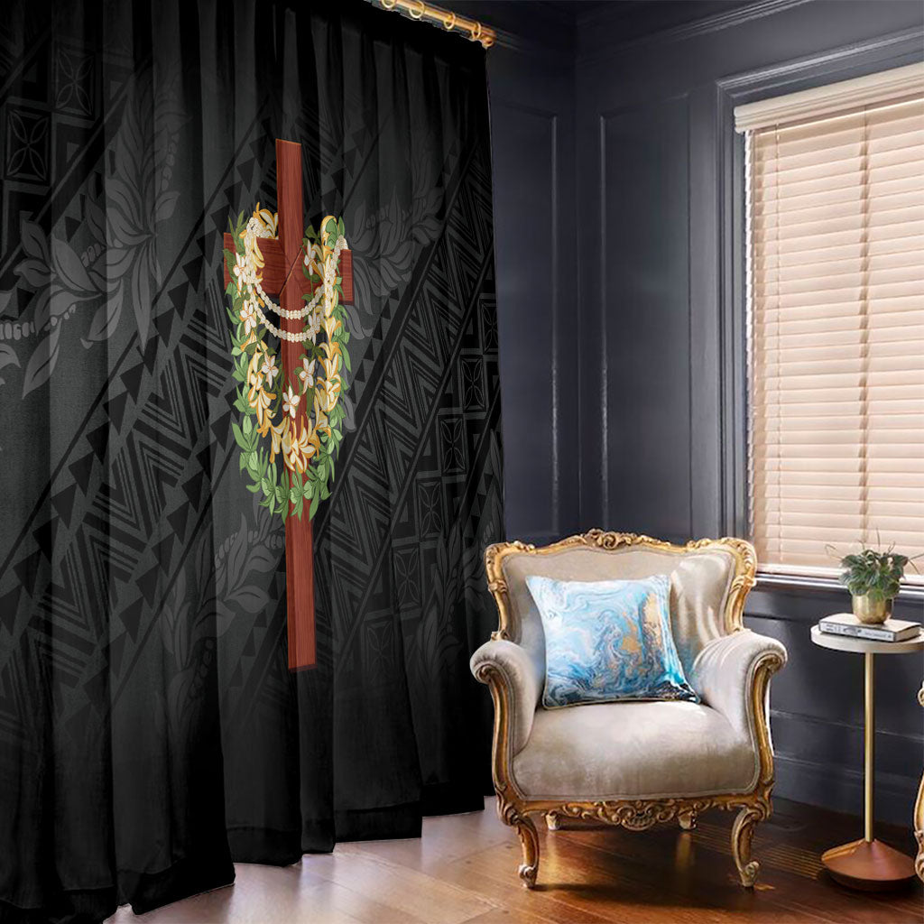 Hawaii Ka Pule a ka Haku Memorial Window Curtain Flower Lei Cross - Black LT7 - Polynesian Pride