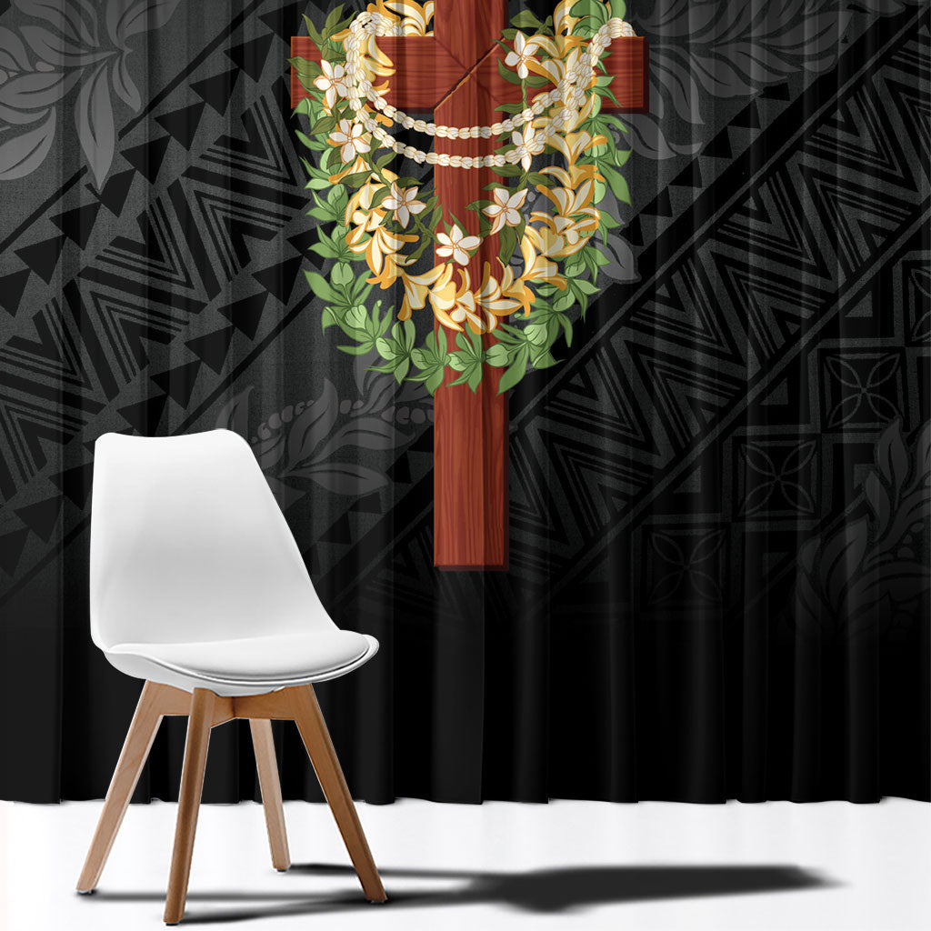 Hawaii Ka Pule a ka Haku Memorial Window Curtain Flower Lei Cross - Black LT7 - Polynesian Pride