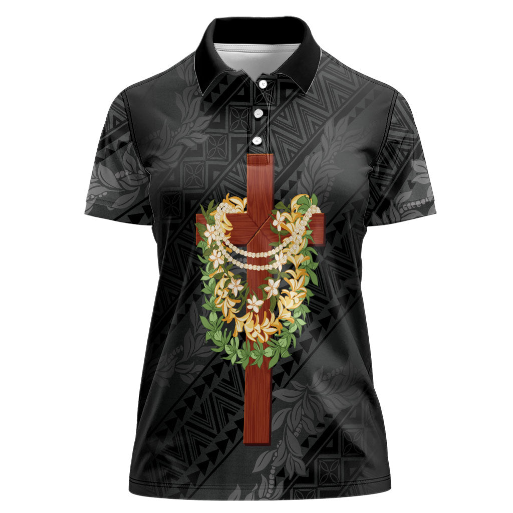 Hawaii Ka Pule a ka Haku Memorial Women Polo Shirt Flower Lei Cross - Black LT7 Female Black - Polynesian Pride