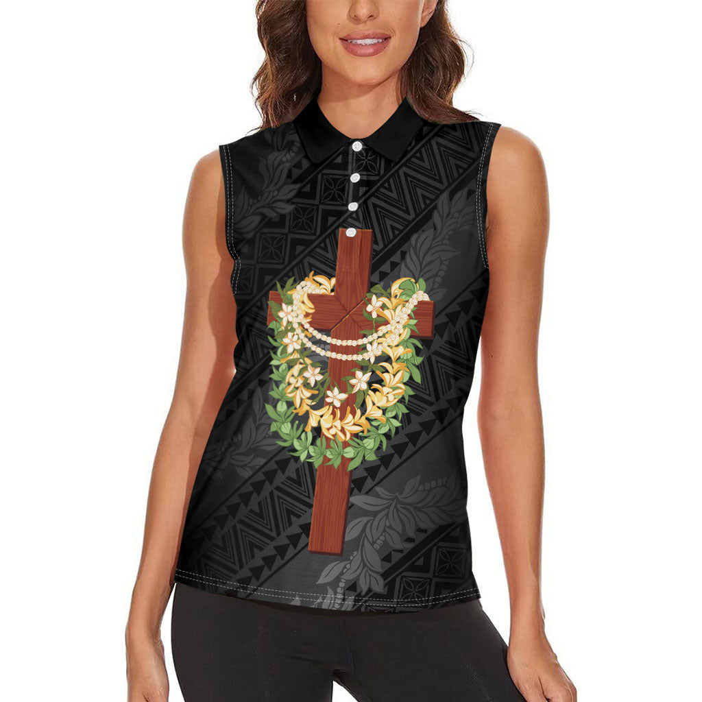 Hawaii Ka Pule a ka Haku Memorial Women Sleeveless Polo Shirt Flower Lei Cross - Black LT7 - Polynesian Pride