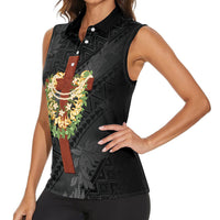 Hawaii Ka Pule a ka Haku Memorial Women Sleeveless Polo Shirt Flower Lei Cross - Black LT7 - Polynesian Pride